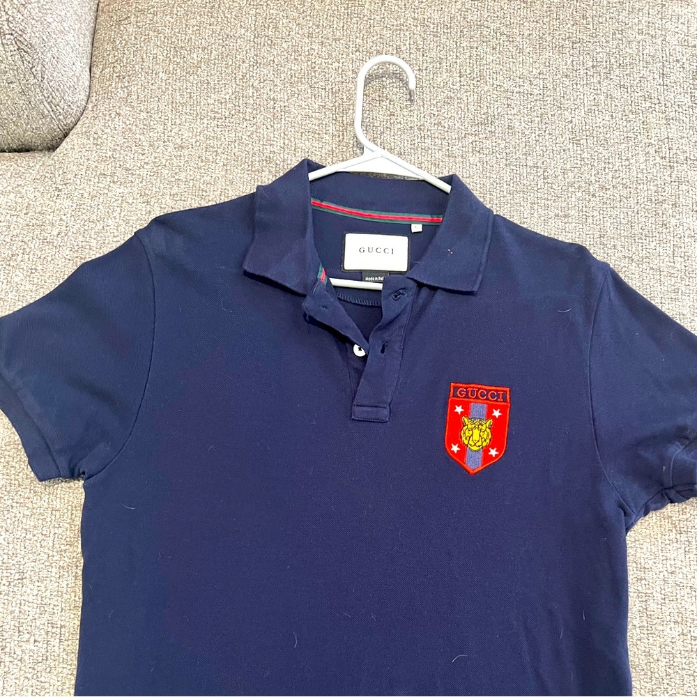 Gucci Navy blue tiger badge polo shirt men size Small